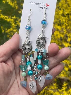 Handmade Chandelier Blue Dangle Earrings with Silver Bird Accents